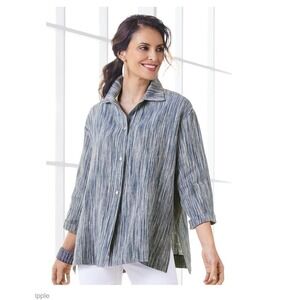 Alexandra by Go Lightly Women's Blue 100% Linen Blouse Button Down Lagenlook
